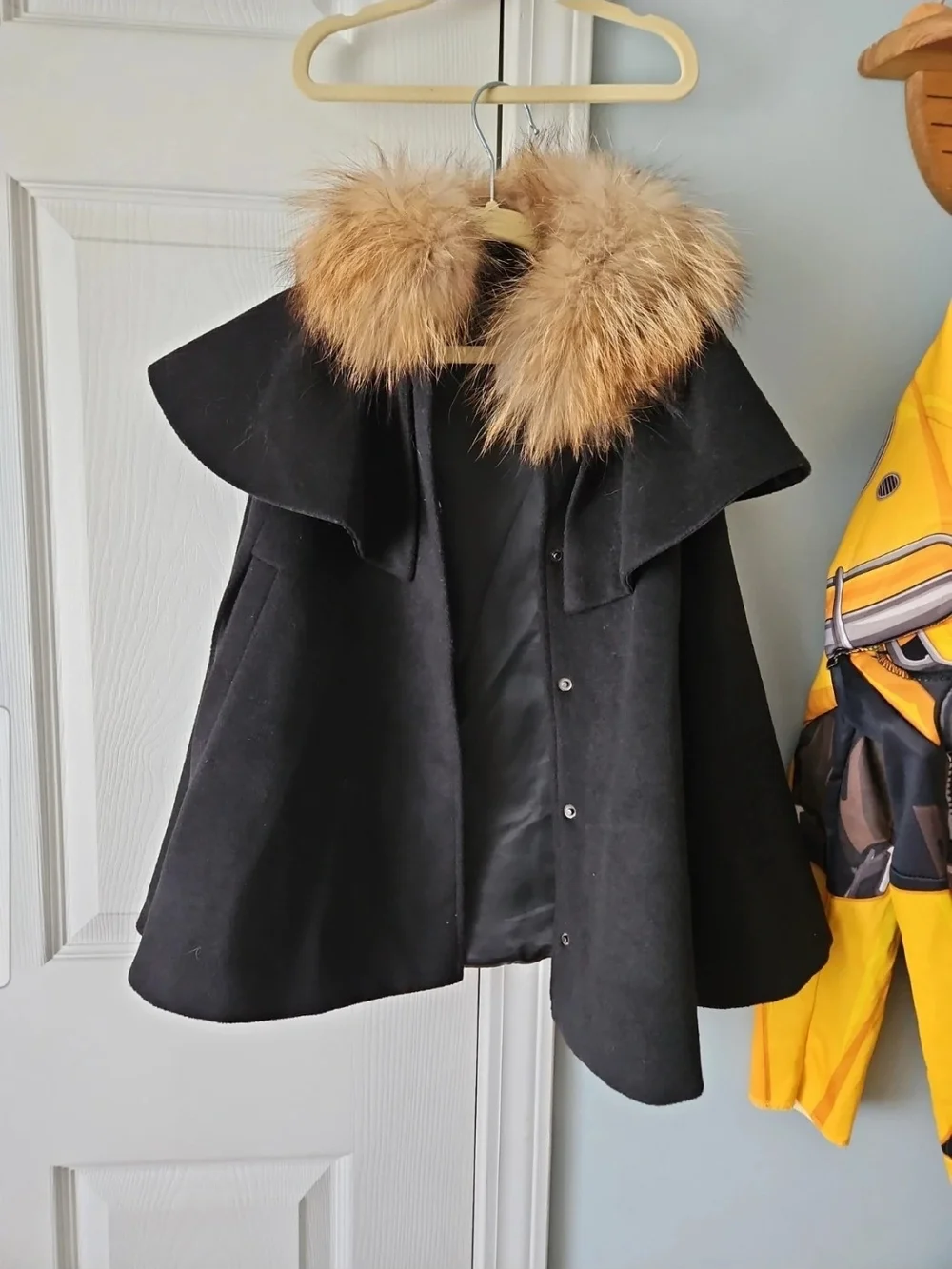 Kids Black Wool Cape with Real Fur Collar